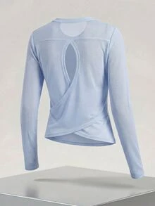 SHEIN Cheerettes Women's Solid Color Round Neck Long Sleeve Sports T-Shirt Athletic Workout Gym For Fall Winter - Baby Blue - View 4