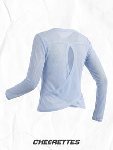 SHEIN Cheerettes Women's Solid Color Round Neck Long Sleeve Sports T-Shirt Athletic Workout Gym For Fall Winter - Baby Blue - View 12