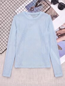 SHEIN Cheerettes Women's Solid Color Round Neck Long Sleeve Sports T-Shirt Athletic Workout Gym For Fall Winter - Baby Blue - View 5