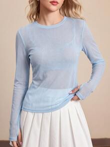 SHEIN Cheerettes Women's Solid Color Round Neck Long Sleeve Sports T-Shirt Athletic Workout Gym For Fall Winter - Baby Blue - View 2