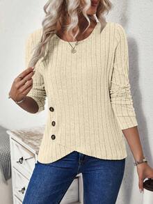 EMERY ROSE Button Decoration Long Sleeve T-Shirt Fall Cloth For Women - Apricot - View 6
