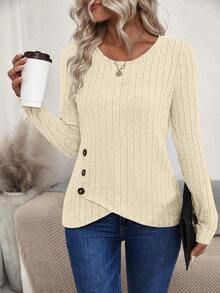 EMERY ROSE Button Decoration Long Sleeve T-Shirt Fall Cloth For Women - Apricot - View 5