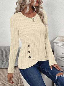 EMERY ROSE Button Decoration Long Sleeve T-Shirt Fall Cloth For Women - Apricot - View 7