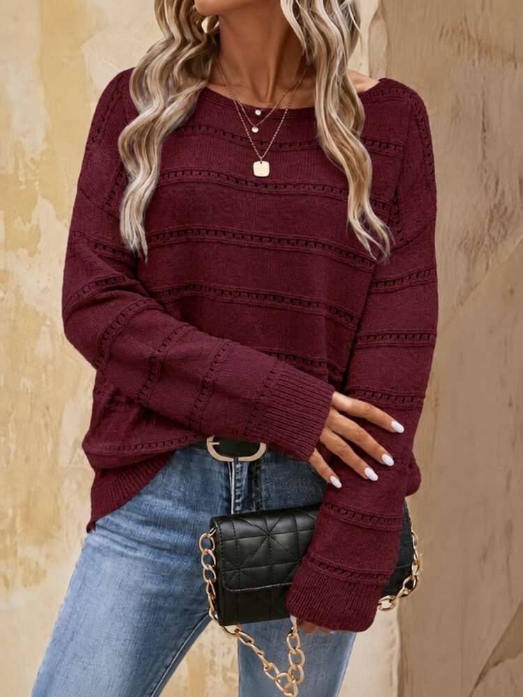 EMERY ROSE Women's Solid Pointelle Knit Sweater,Ladies Burgundy Loose Drop Shoulder Long Sleeve Pullover,Casual Autumn Fall Winter Sweater For Any Occasion - Burgundy - View 1