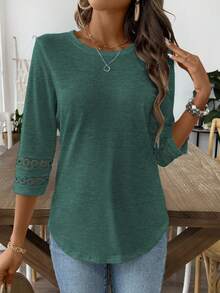 EMERY ROSE Women Solid Color Casual Crew Neck Hollow Out Sleeve Tee Graphic Tees Women Tops - Dark Green - View 7