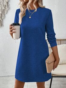 EMERY ROSE Casual Solid Color Regular Long Sleeve Dress Fall Cloth For Women - Blue - View 6
