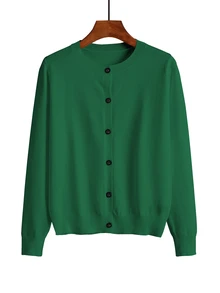EMERY ROSE Women's Loose Solid Color Casual Long Sleeve Short Cardigan, Autumn/Winter,Long Sleeve Tops Fall Cloth For Women - Green - View 5