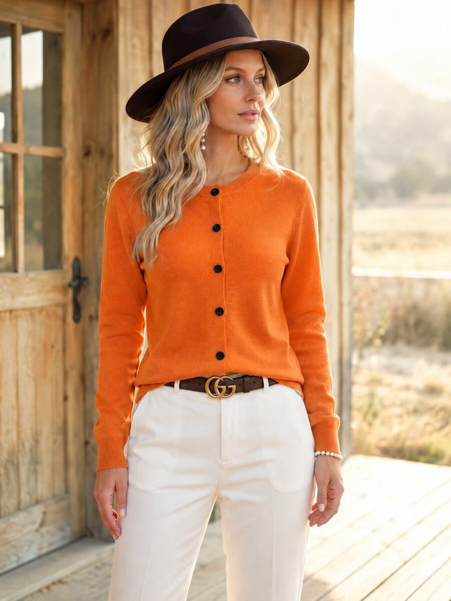 EMERY ROSE Enfärgad rund halsad främre knapp Casual Cardigan - Orange - Visa 1