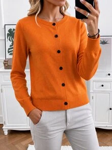 EMERY ROSE Enfärgad rund halsad främre knapp Casual Cardigan - Orange - Visa 4