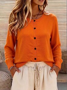EMERY ROSE Enfärgad rund halsad främre knapp Casual Cardigan - Orange - Visa 5