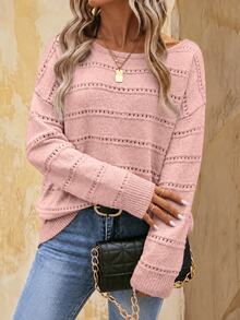 EMERY ROSE Women Solid Color Long Sleeve Crew Neck Sweater, Fashionable For Summer Knit Pullover Fall Winter - Pink - View 1