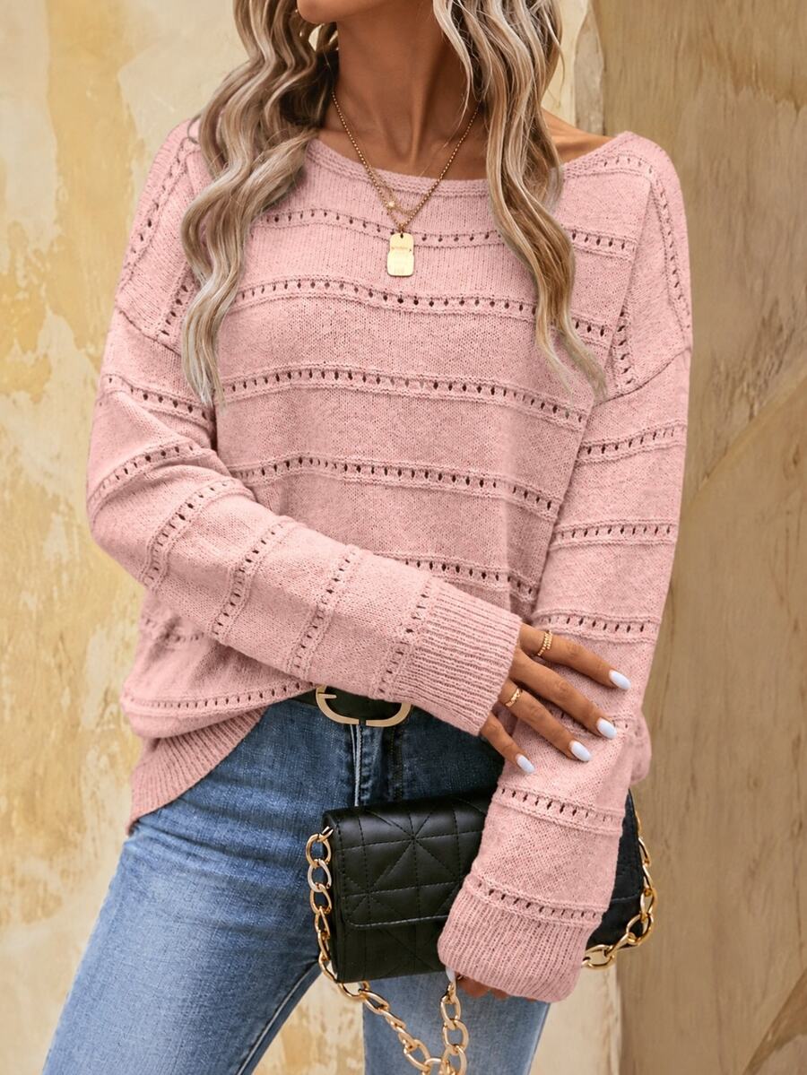 EMERY ROSE Women Solid Color Long Sleeve Crew Neck Sweater, Fashionable For Summer Knit Pullover Fall Winter - Pink - View 1