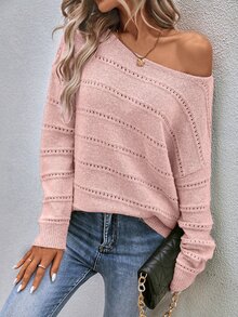 EMERY ROSE Women Solid Color Long Sleeve Crew Neck Sweater, Fashionable For Summer Knit Pullover Fall Winter - Pink - View 4