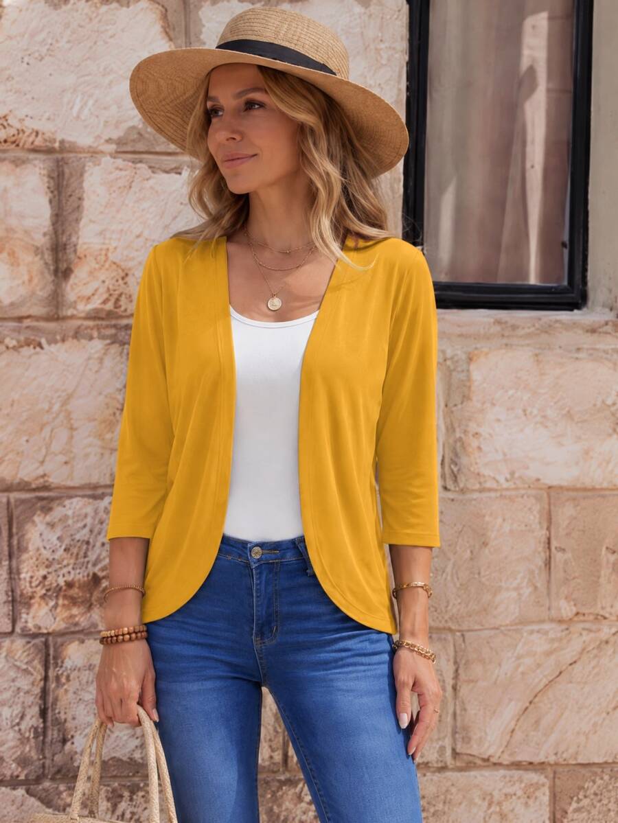 EMERY ROSE Plain Mid-Length Sleeve Cardigan Simple Casual Jacket In Autumn Everyday Work Day Time Mustard Yellow - Yellow - View 1