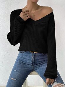 EMERY ROSE V Neck Raglan Sleeve Ribbed Knit Sweater,Long Sleeve Tops ...
