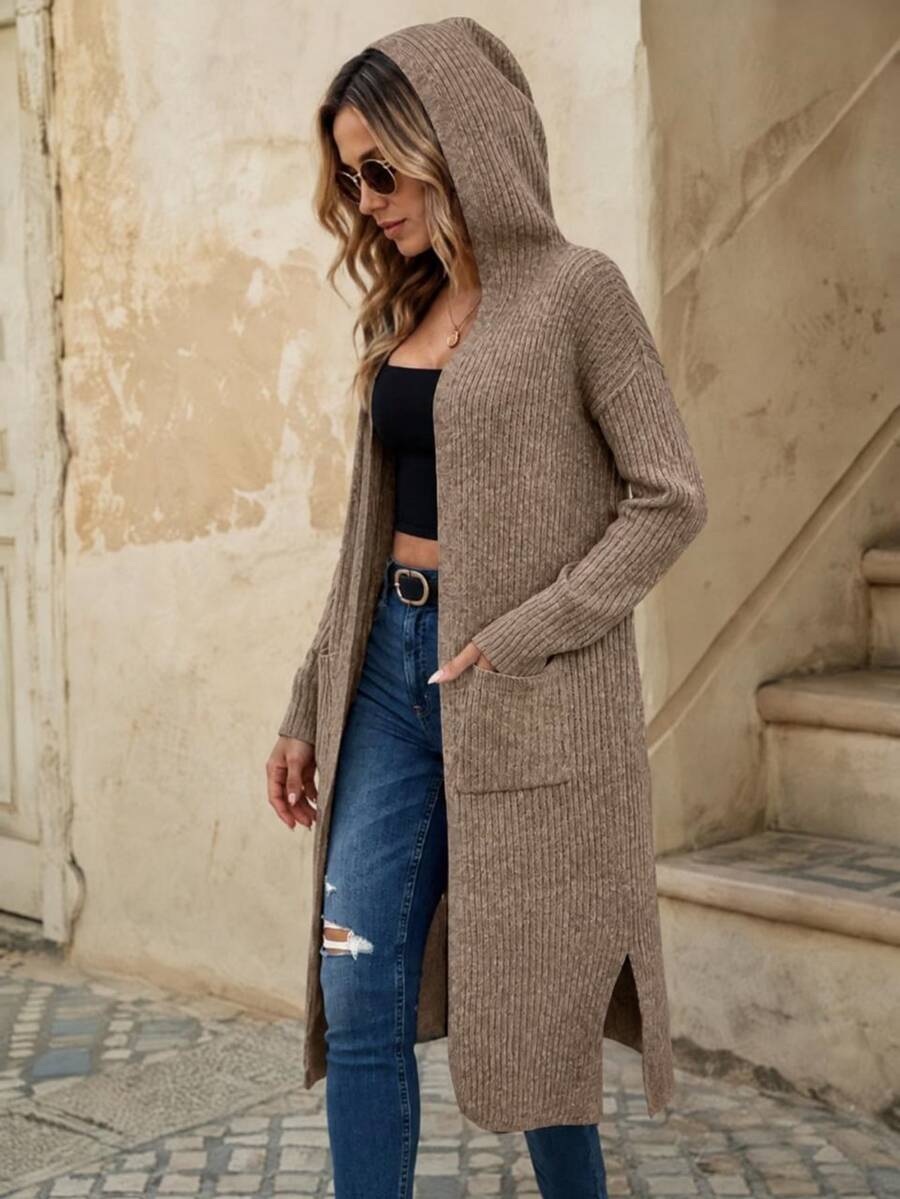EMERY ROSE كاردجان كابتشينو بأكمام طويلة مبطن بقلنسوة بجيبين منفصلين وذيل متقسم - بني - مشاهدة 1