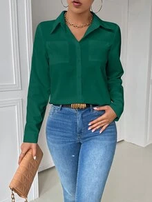 EMERY ROSE 休閒優雅領口口袋修身深綠色長袖女式襯衫 秋季女裝 適合商務辦公 - 墨綠色 - 查看 7