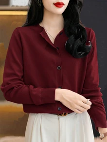 EMERY ROSE Women's Solid Color Button-Up Front Long Sleeve Casual Blouse Fall Winter Cloth For Women - Burgundy - View 4