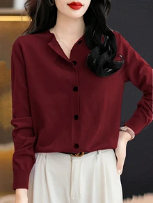 EMERY ROSE Women's Solid Color Button-Up Front Long Sleeve Casual Blouse Fall Winter Cloth For Women - Burgundy - View 5