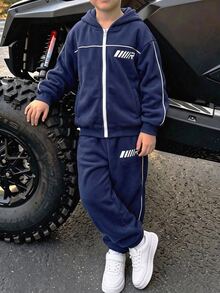SHEIN Tween Boy Letter Graphic Kids Contrast Piping Zipper Autumn Winter Hoodie & Sweatpants Set - Navy Blue - View 2