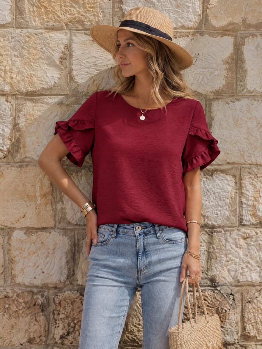 EMERY ROSE Women Blouses Ruffle Plain Casual - Burgundy - View 1