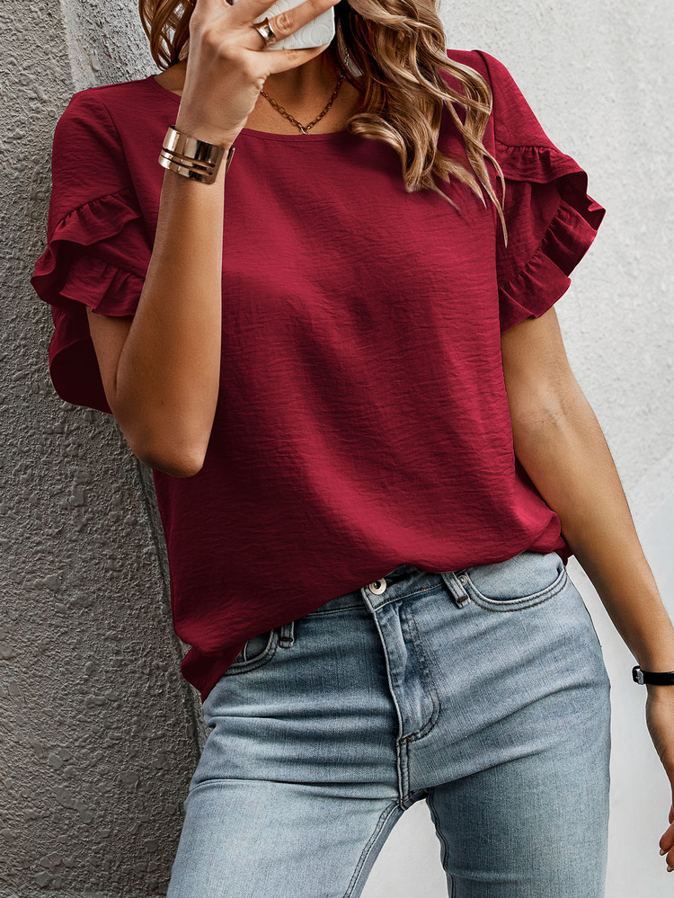 EMERY ROSE Women Blouses Ruffle Plain Casual - Burgundy - View 6