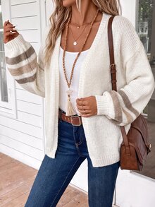 EMERY ROSE Women's Autumn Casual Colorblock Blue And White Striped Cardigan Brunch Day Time Daytime Night Out Travel Everyday - Beige - View 8