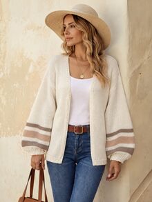 EMERY ROSE Women's Autumn Casual Colorblock Blue And White Striped Cardigan Brunch Day Time Daytime Night Out Travel Everyday - Beige - View 1