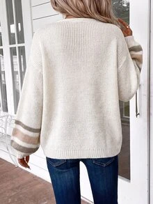 EMERY ROSE Women's Autumn Casual Colorblock Blue And White Striped Cardigan Brunch Day Time Daytime Night Out Travel Everyday - Beige - View 2