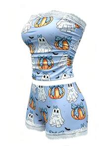 Zyxie Women's Fitted 2 Pieces Set With Lace Patchwork, Bow Decor, Halloween Pumpkin Ghost And Little Bat Print - Blue - View 3