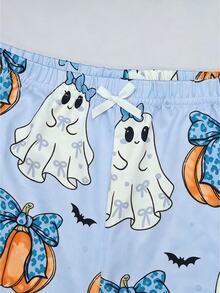 Zyxie Women's Fitted 2 Pieces Set With Lace Patchwork, Bow Decor, Halloween Pumpkin Ghost And Little Bat Print - Blue - View 5