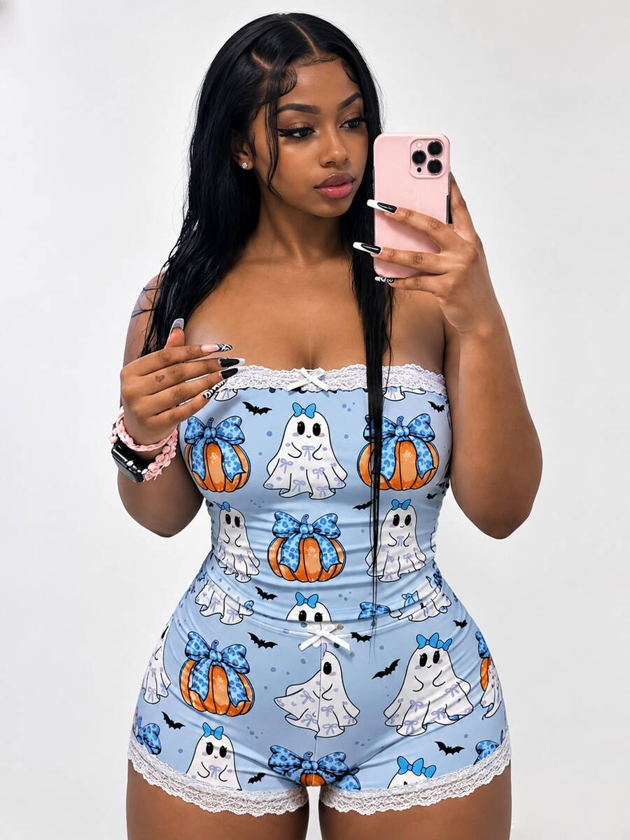 Zyxie Women's Fitted 2 Pieces Set With Lace Patchwork, Bow Decor, Halloween Pumpkin Ghost And Little Bat Print - Blue - View 1
