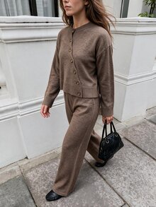 SHEIN Asymmetric Button Front Brown Color Long Sleeve Cozy Loose Fit Casual Style Cardigan And Wide Leg Sweater Pant 2pcs Set Co-Ord - Brown - View 4