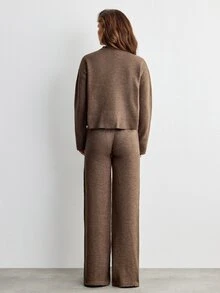 SHEIN Asymmetric Button Front Brown Color Long Sleeve Cozy Loose Fit Casual Style Cardigan And Wide Leg Sweater Pant 2pcs Set Co-Ord - Brown - View 6