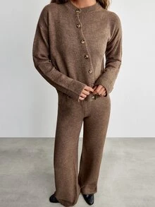 SHEIN Asymmetric Button Front Brown Color Long Sleeve Cozy Loose Fit Casual Style Cardigan And Wide Leg Sweater Pant 2pcs Set Co-Ord - Brown - View 2