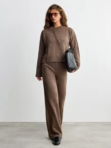 SHEIN Asymmetric Button Front Brown Color Long Sleeve Cozy Loose Fit Casual Style Cardigan And Wide Leg Sweater Pant 2pcs Set Co-Ord - Brown - View 5