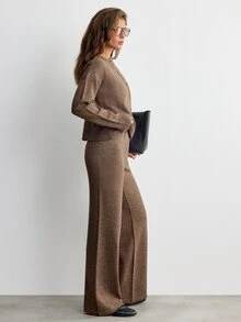 SHEIN Asymmetric Button Front Brown Color Long Sleeve Cozy Loose Fit Casual Style Cardigan And Wide Leg Sweater Pant 2pcs Set Co-Ord - Brown - View 7