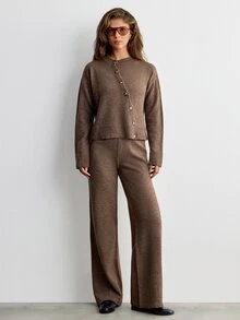 SHEIN Asymmetric Button Front Brown Color Long Sleeve Cozy Loose Fit Casual Style Cardigan And Wide Leg Sweater Pant 2pcs Set Co-Ord - Brown - View 1