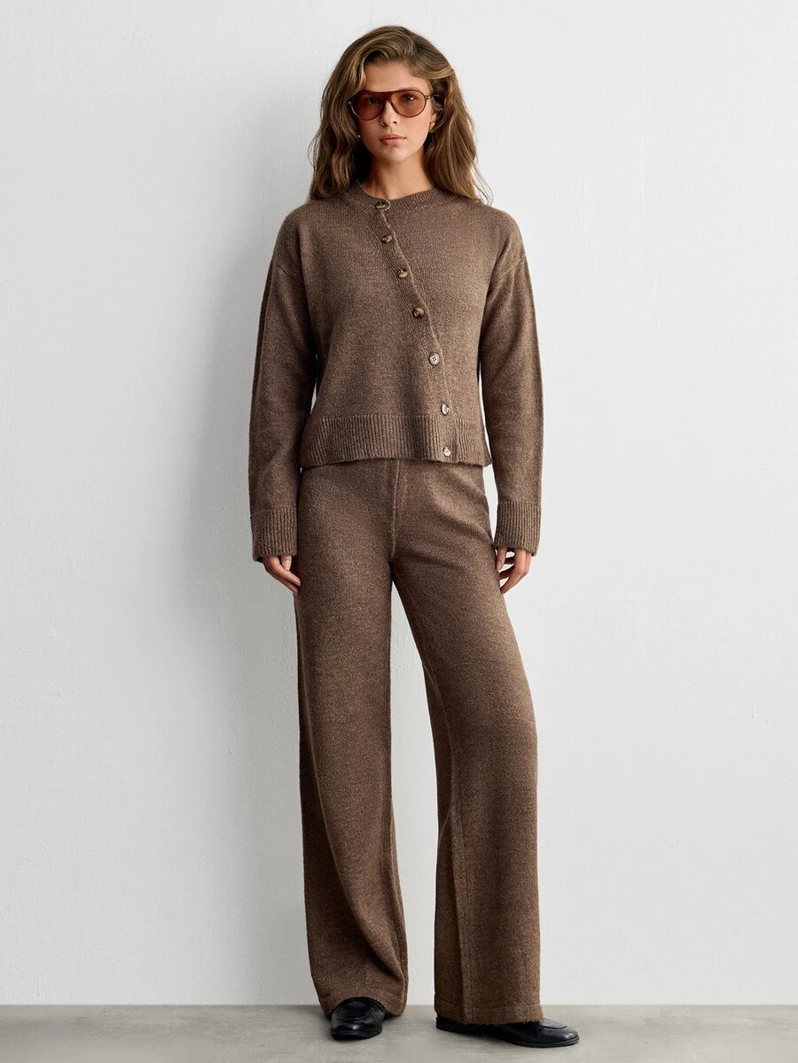 SHEIN Asymmetric Button Front Brown Color Long Sleeve Cozy Loose Fit Casual Style Cardigan And Wide Leg Sweater Pant 2pcs Set Co-Ord - Brown - View 1
