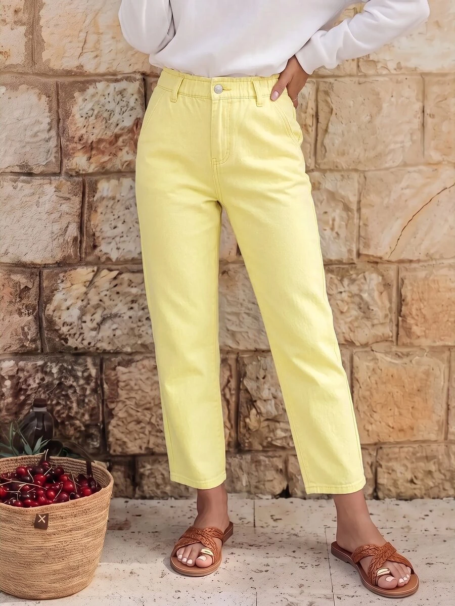 EMERY ROSE Women's Summer Paperbag Waist Straight Leg Jeans - Yellow - View 1