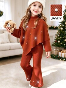 SHEIN Young Girls' Spring/Autumn/Winter Casual T-Shirt Set, White Beaded Decoration, Asymmetrical High Neck Knit Ribbed Khaki Top Flared Pants 2 Pieces Set - Red - View 5