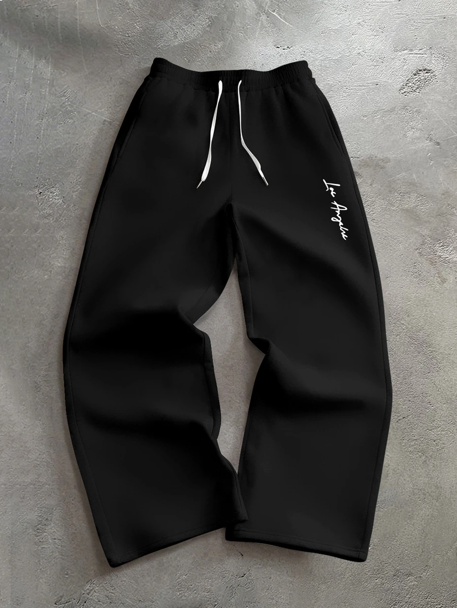 ÉpureWay Men's Letter Print Drawstring Waist Casual Sweatpants, Goth - Black - View 1