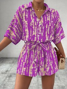 EMERY ROSE Printed Batwing Sleeve Tie-Front Jumpsuit For Women Purple Sequin Two Piece Set Romper Casual European Modest Vacation Short Sets Beach Summer - Multicolor - View 6
