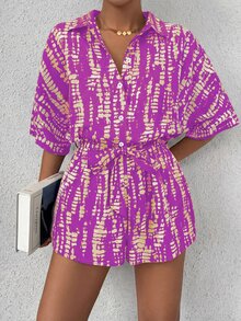 EMERY ROSE Printed Batwing Sleeve Tie-Front Jumpsuit For Women Purple Sequin Two Piece Set Romper Casual European Modest Vacation Short Sets Beach Summer - Multicolor - View 7