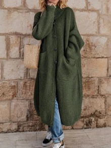 EMERY ROSE 1pc Plain Pocket Accent Casual V-Neck Long Sleeve Knit Cardigan Fall Winter Cloth For Women - Army Green - View 2