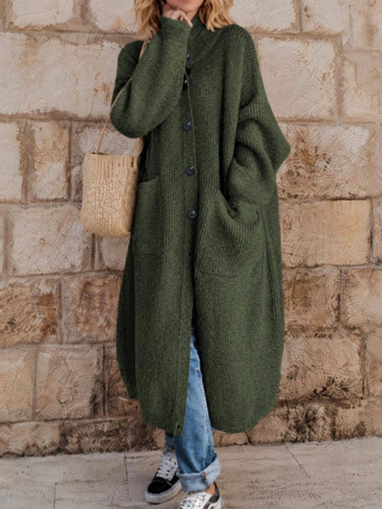 EMERY ROSE 1pc Plain Pocket Accent Casual V-Neck Long Sleeve Knit Cardigan Fall Winter Cloth For Women