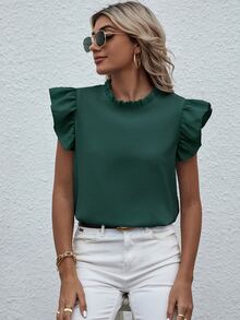 EMERY ROSE 假領荷葉邊飾邊荷葉邊上衣 新年服飾 辦公室深綠色夏季休閒優雅 - 綠色 - 查看 4