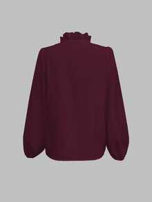EMERY ROSE Women's Solid Color Ruffle Trim Long Sleeve Casual Blouse - Burgundy - View 2