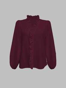EMERY ROSE Women's Solid Color Ruffle Trim Long Sleeve Casual Blouse - Burgundy - View 6