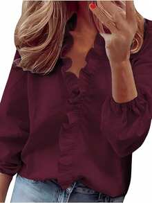 EMERY ROSE Women's Solid Color Ruffle Trim Long Sleeve Casual Blouse - Burgundy - View 3